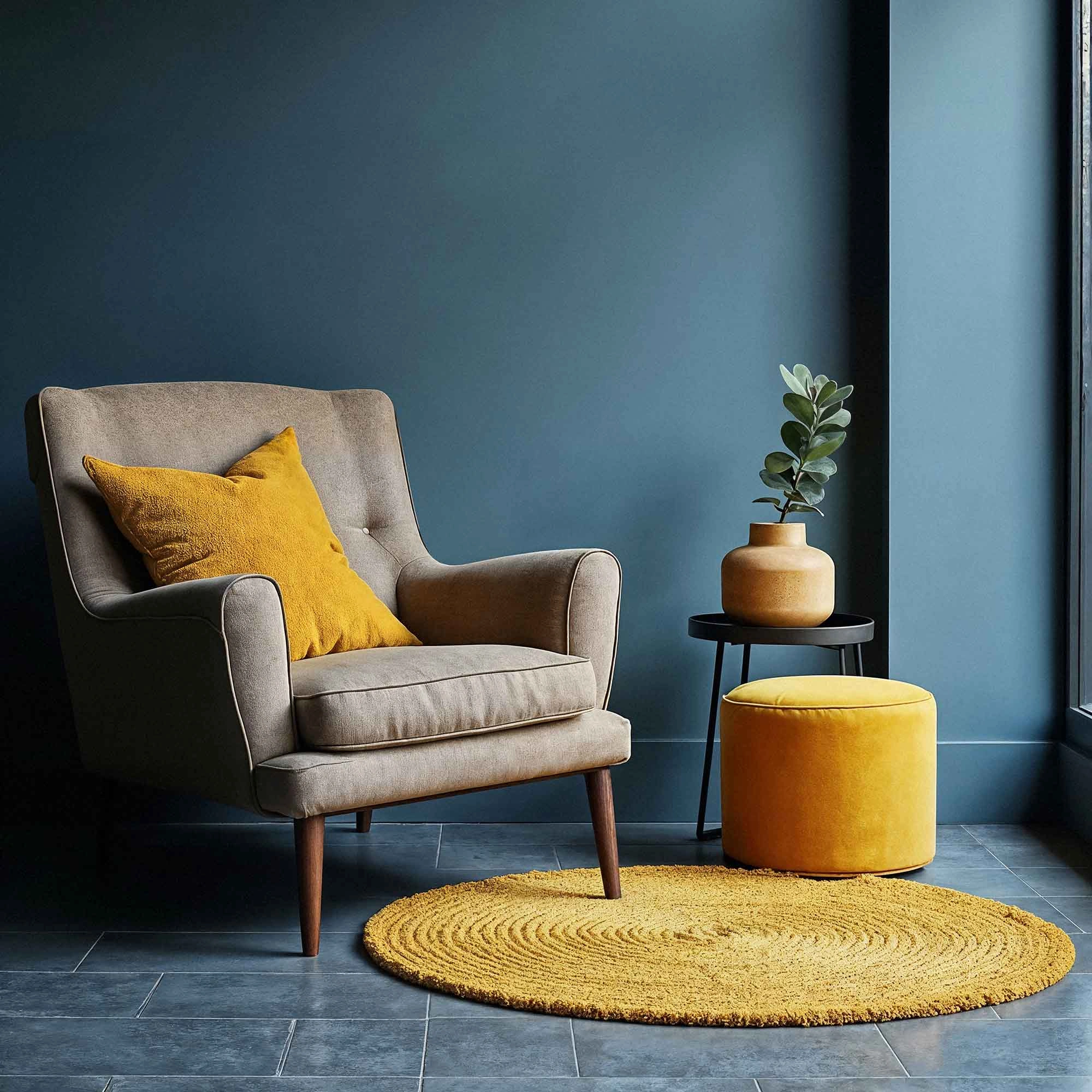 A stylish chair and a decorative rug set against a blue wall, exemplifying 3D furniture rendering services in interior design