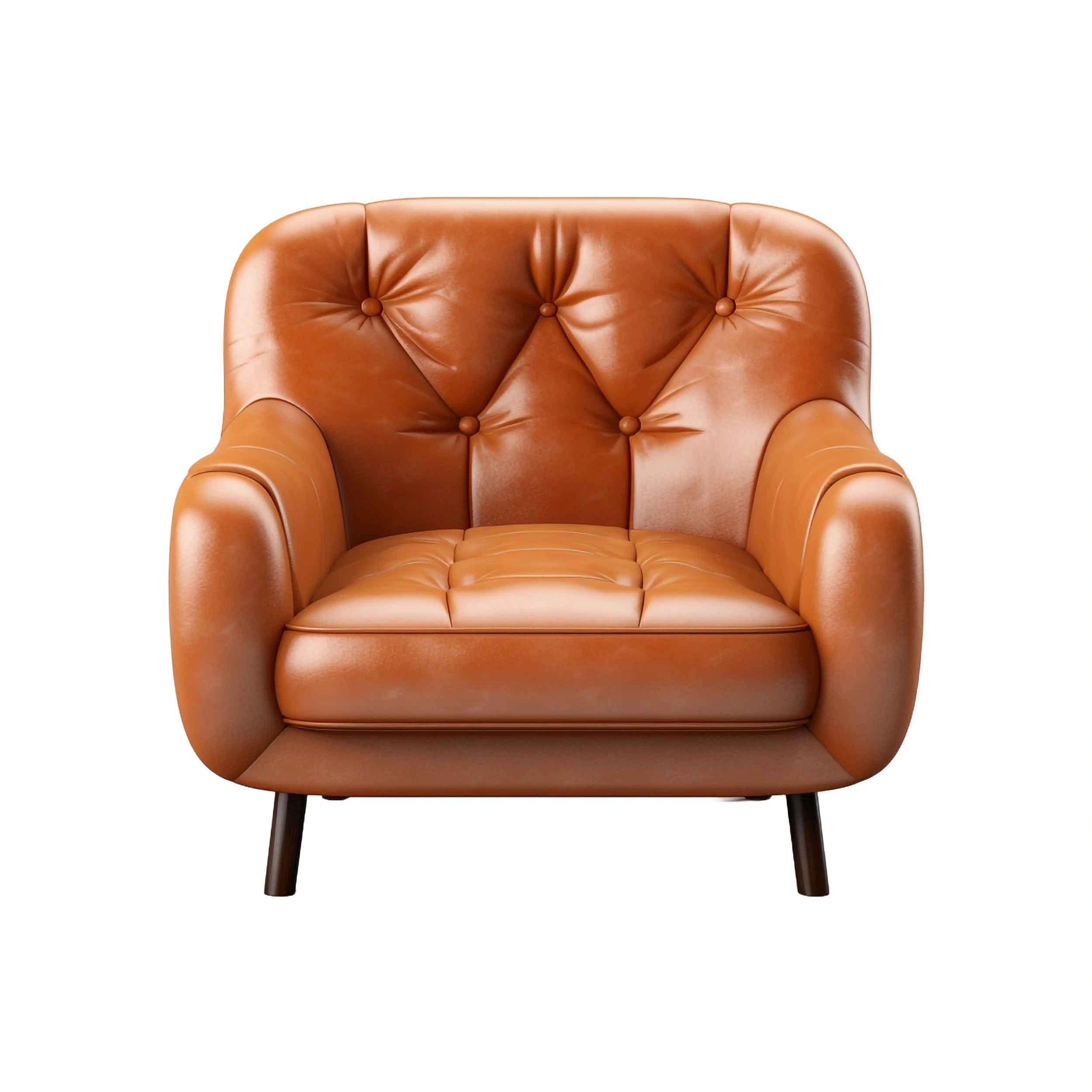 Stylish brown leather chair with buttoned upholstery, presented on a white background for a minimalist aesthetic