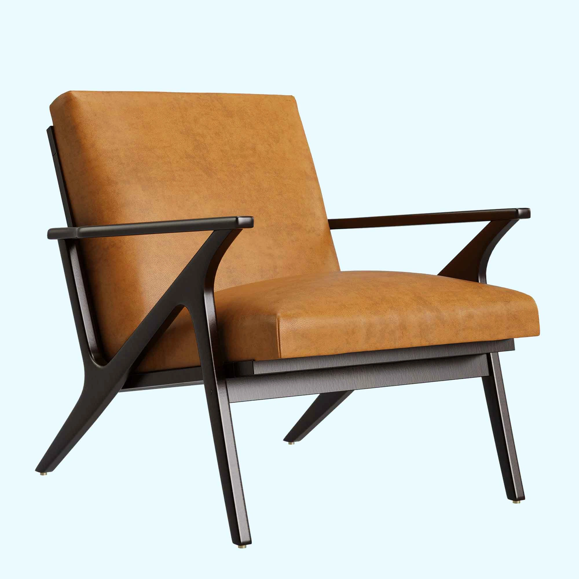 Brown leather lounge chair with black legs on a white background, highlighting its stylish and modern aesthetic