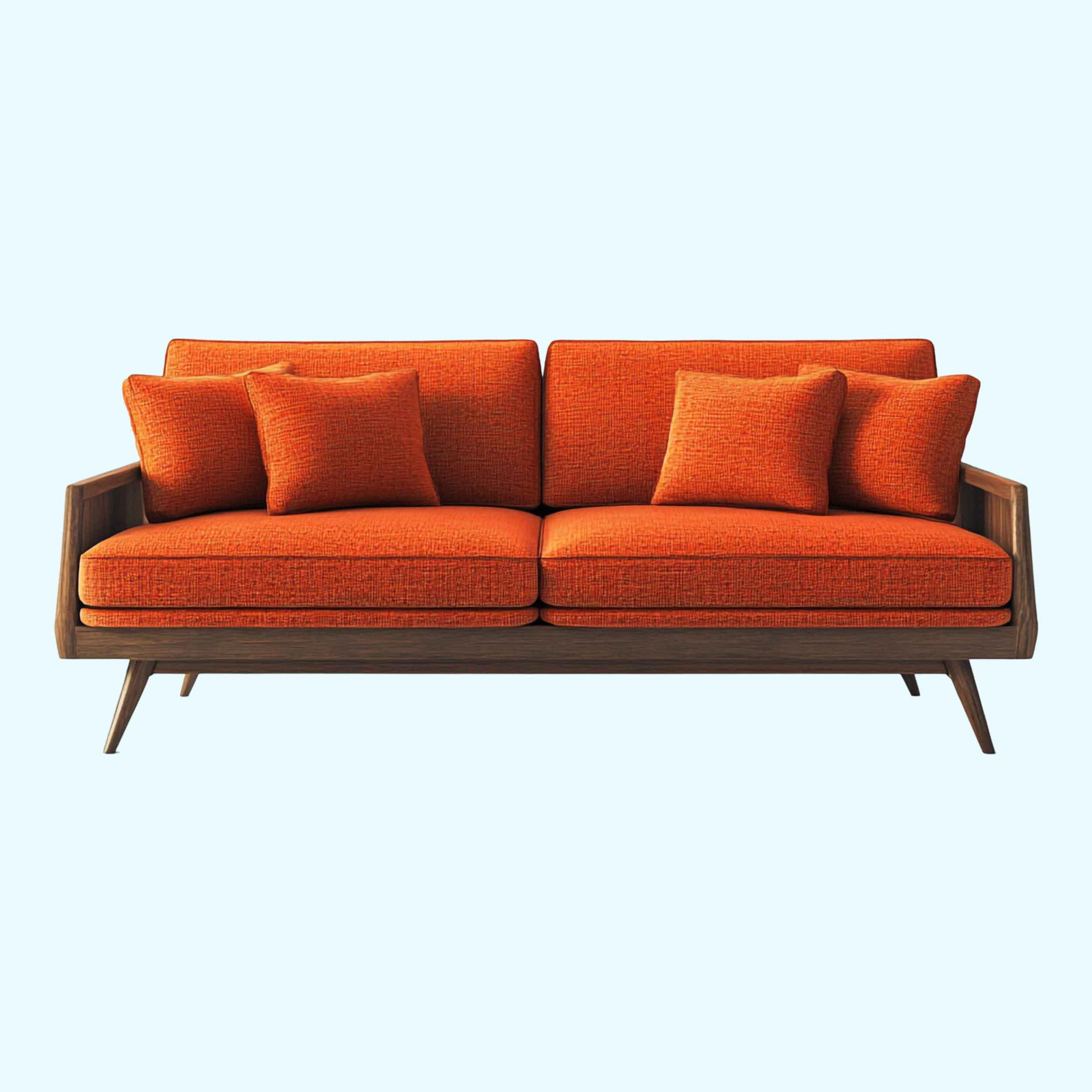 A vibrant orange couch adorned with two cozy pillows, perfect for showcasing in e-commerce furniture 3D rendering