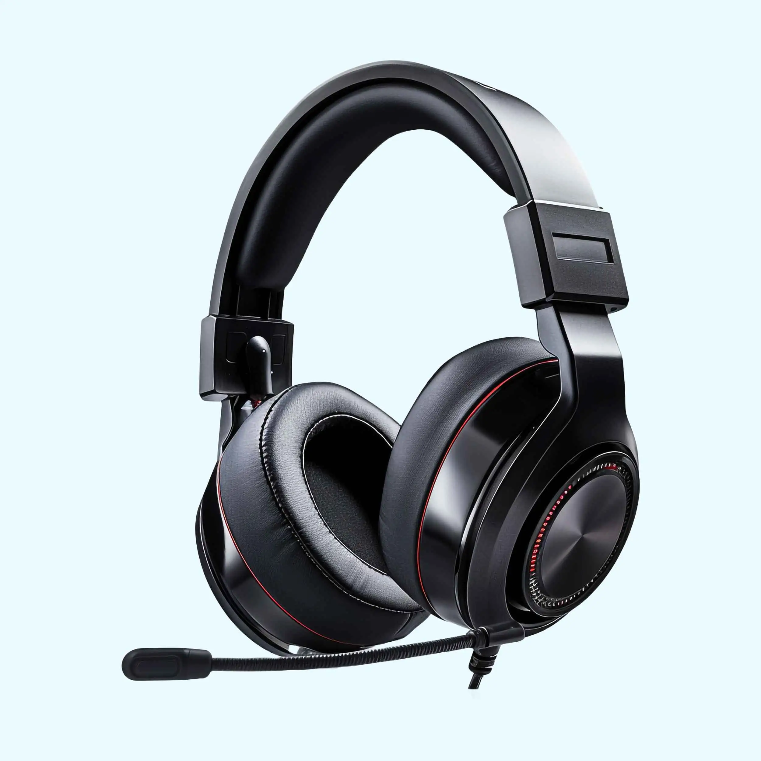 Detailed 3D model of headphones featuring a microphone, highlighting the product's design and functionality