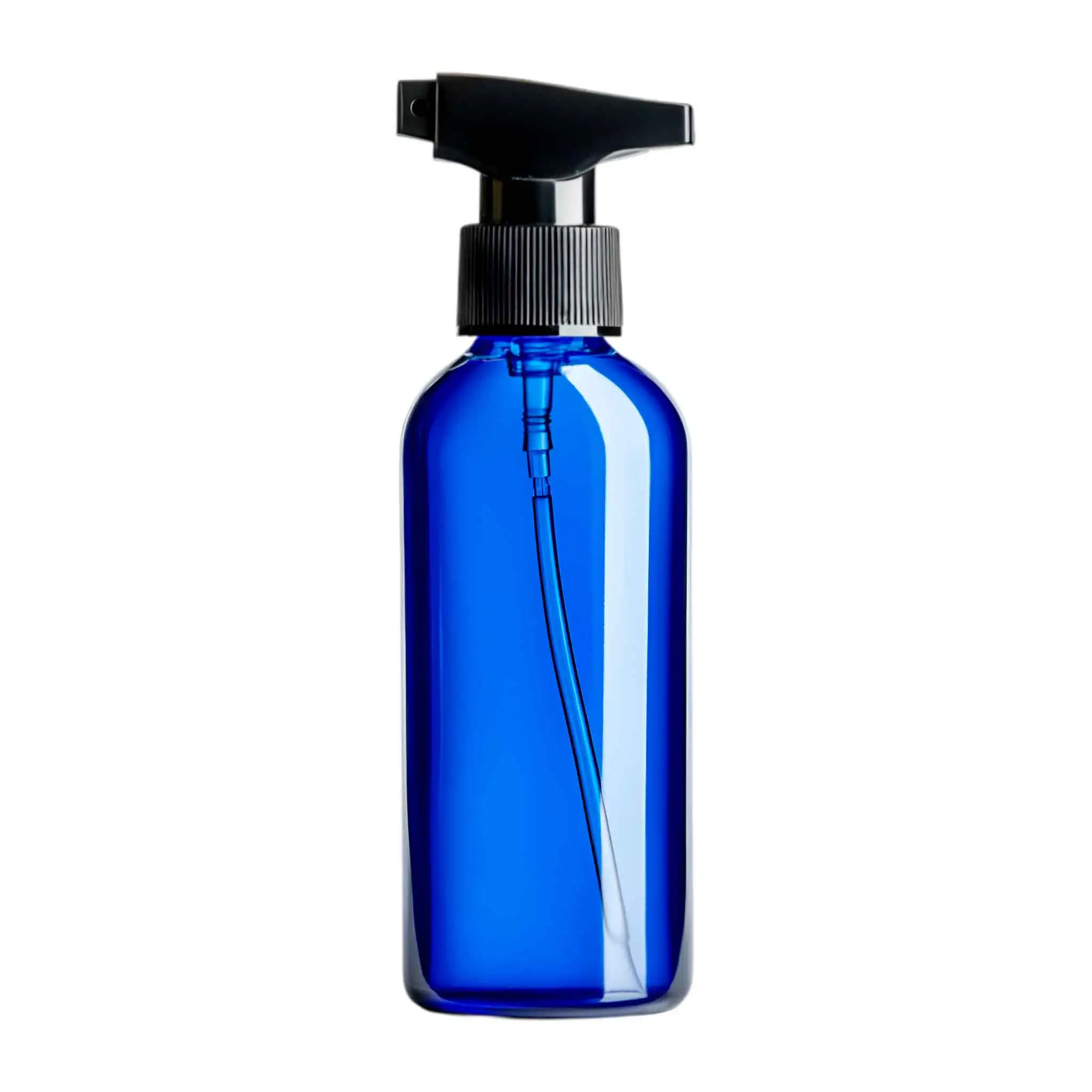 Blue glass bottle with a black spray nozzle, ideal for e-commerce product 3D rendering