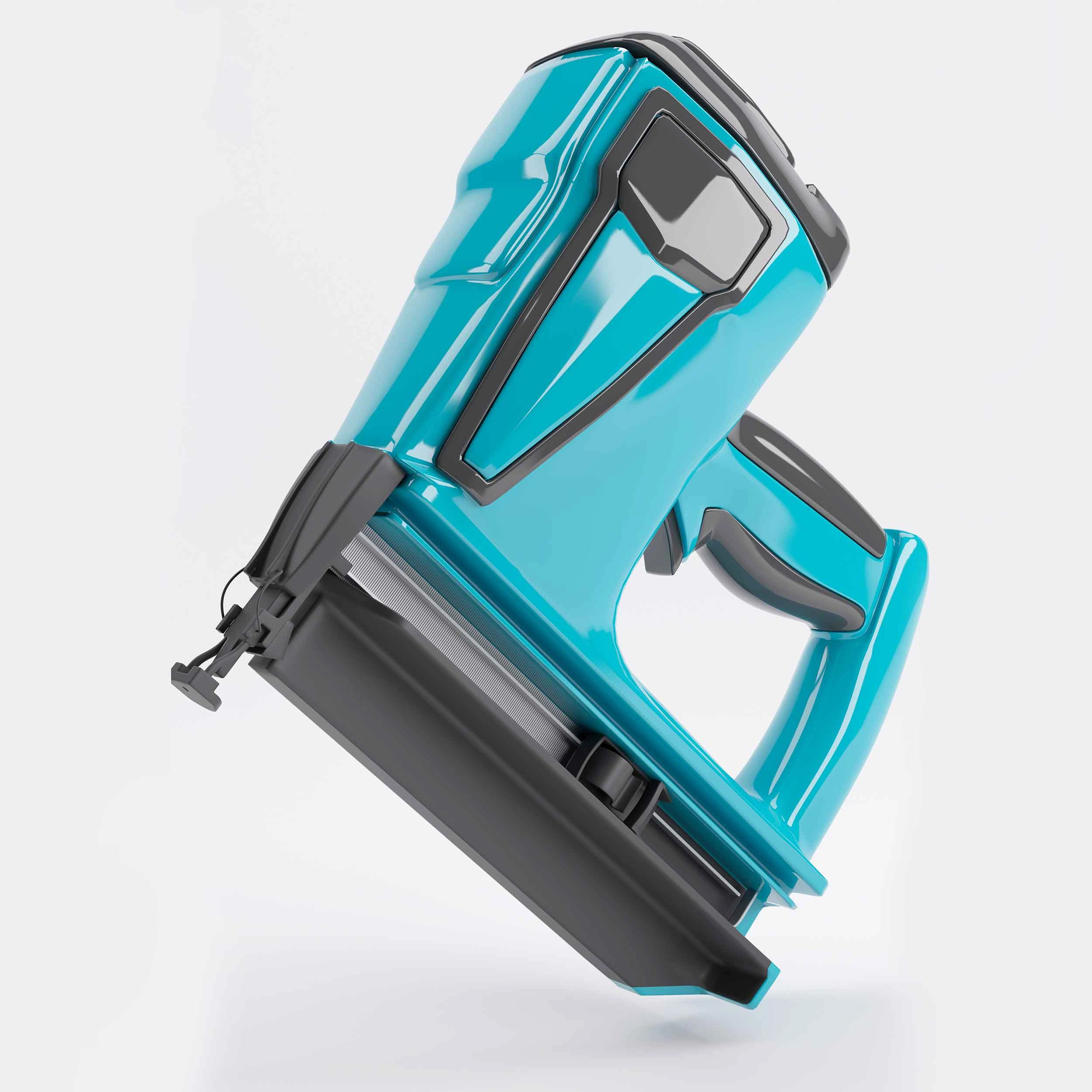 A blue cord nailer featured on a white surface, emphasizing its details for product 3D modeling applications