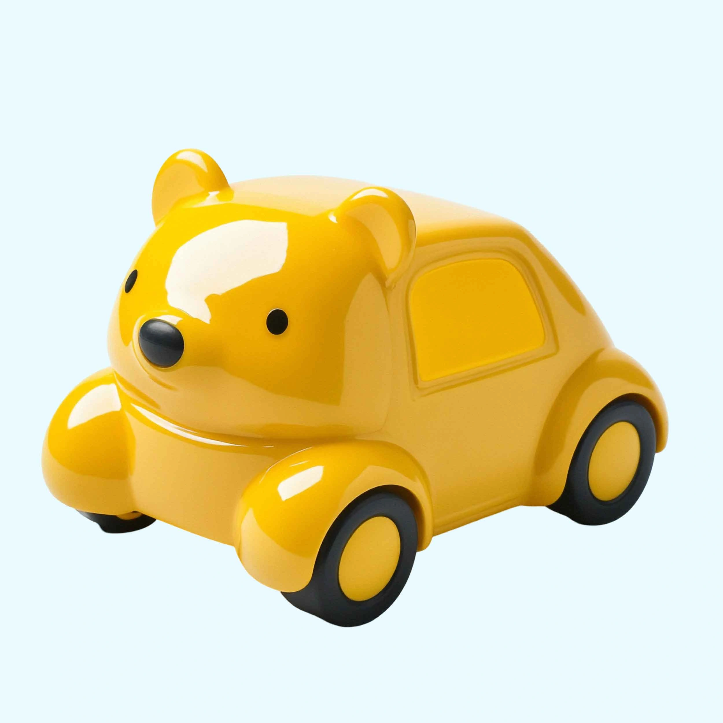 A yellow toy car featuring a bear face, showcasing vibrant colors and playful design in a 3D modeling context.