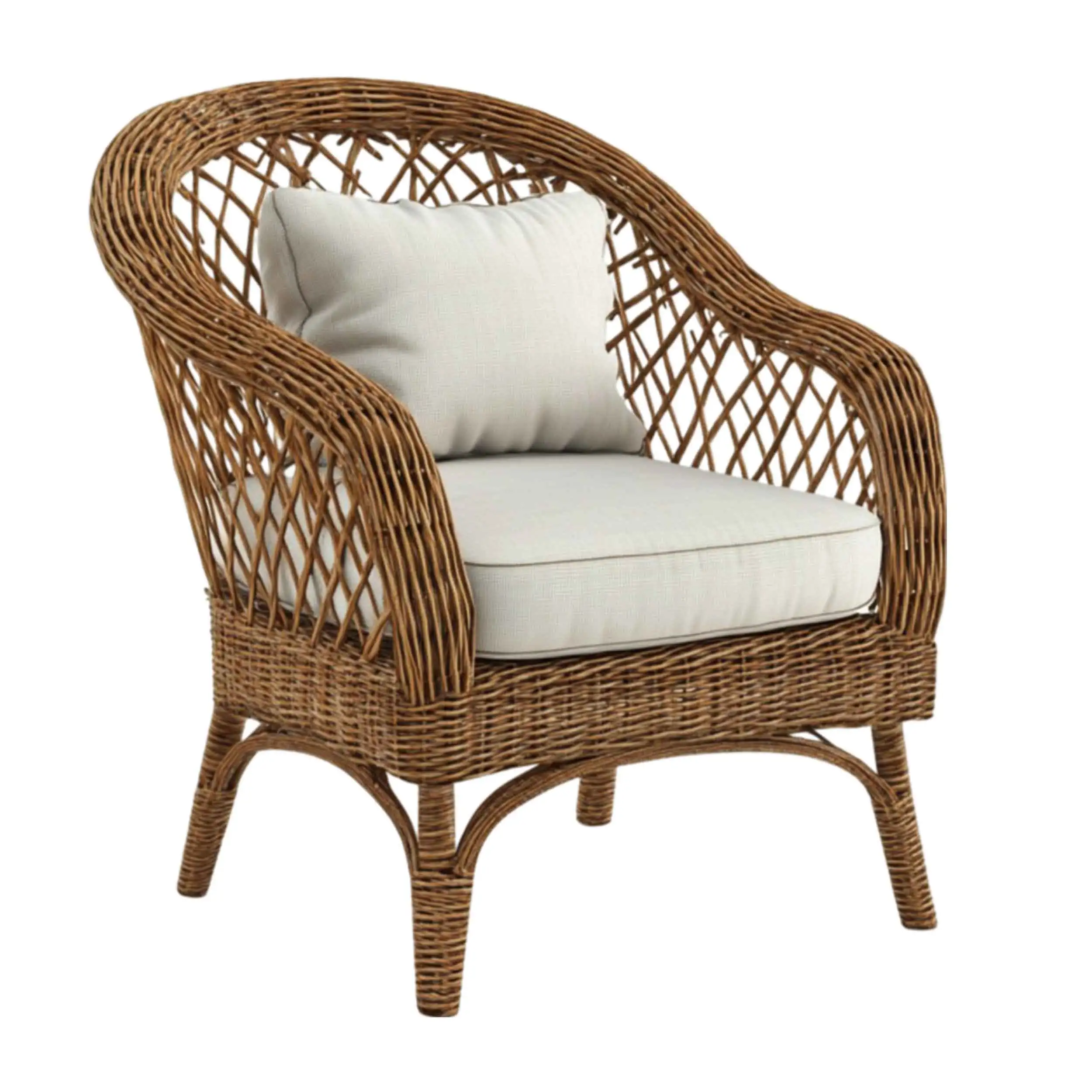 3D furniture rendering of a stylish wicker lounge chair with a white cushion, crafted with intricate details for immersive product visualization.