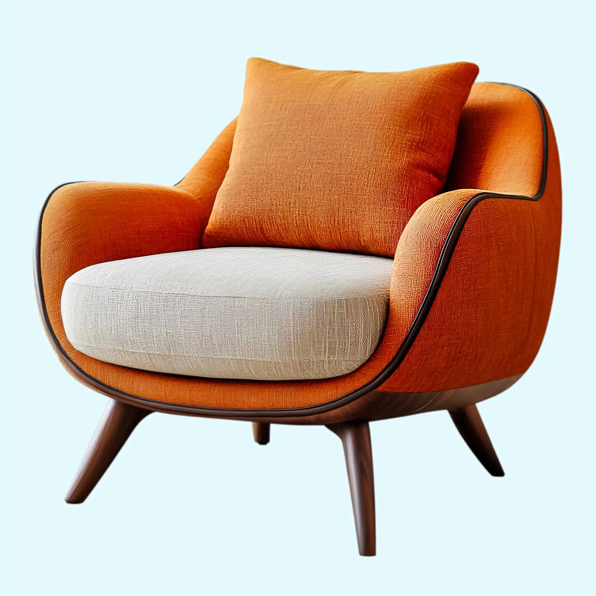 High-quality 3D furniture modeling of a modern orange armchair with a white cushion, designed with precision for realistic product visualization