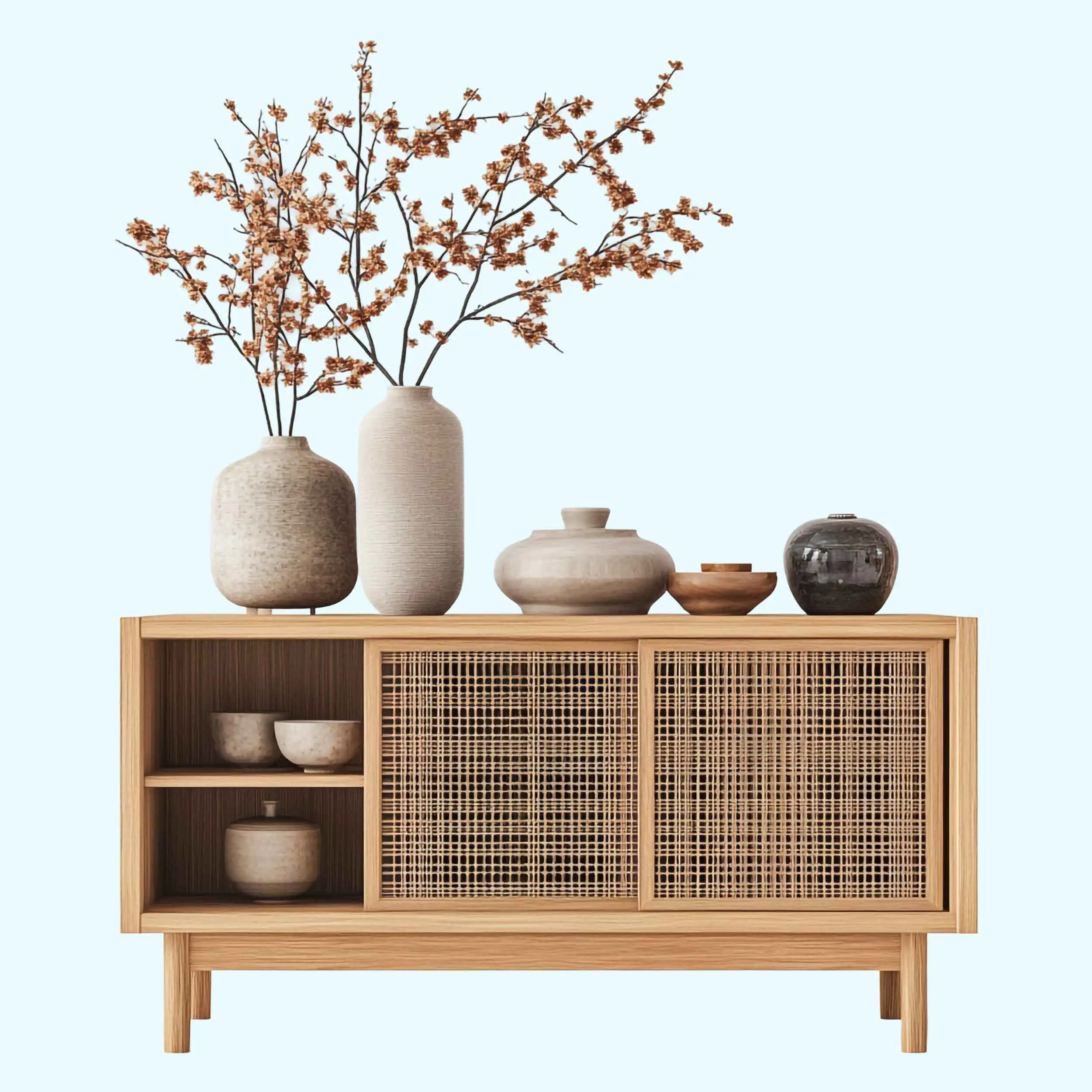 A stylish sideboard adorned with vases and baskets. Showcasing our expertise in 3D Furniture Modeling Services.