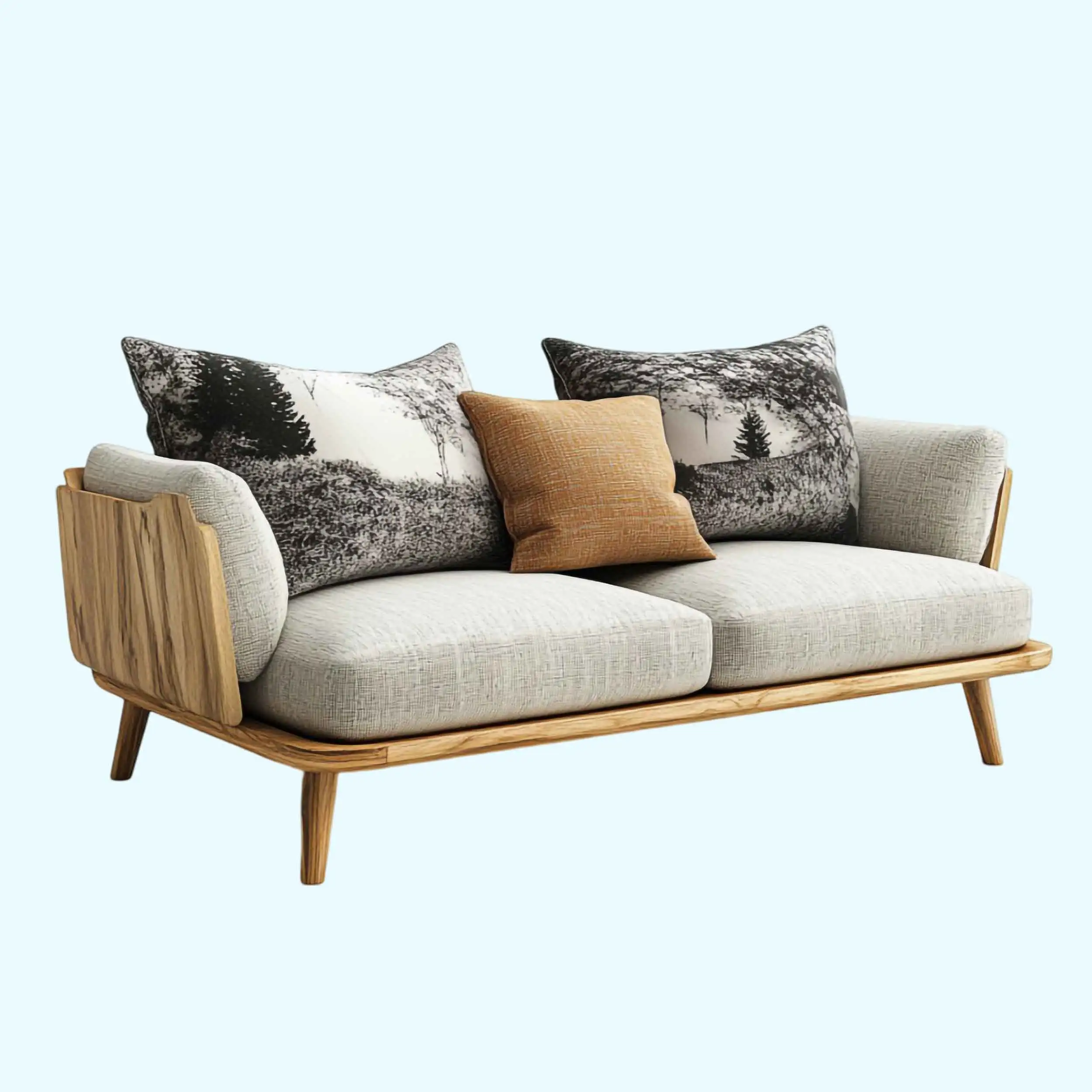 Stylish sofa with two pillows and a wooden frame. It's showcasing our 3D Furniture Modeling Services.