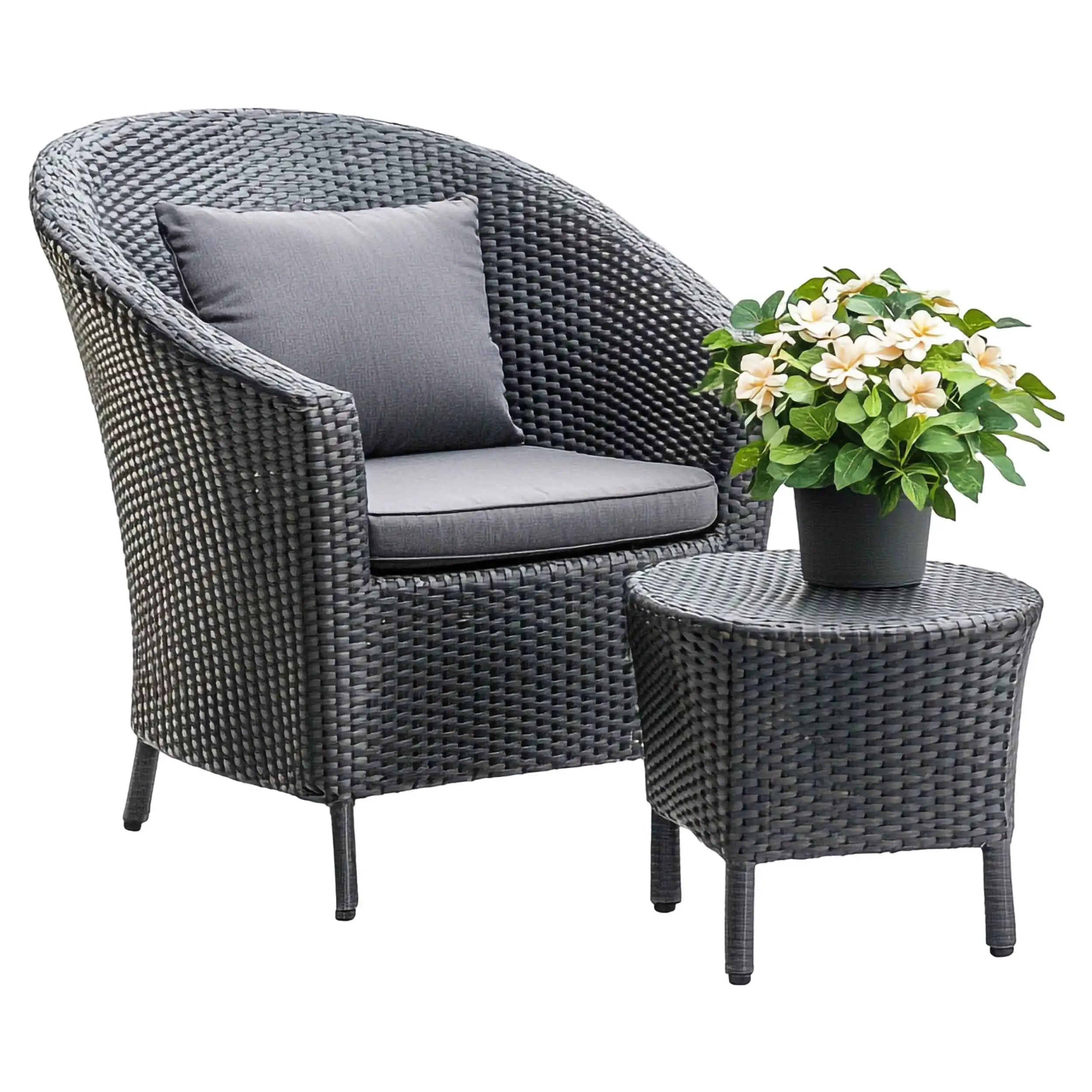 A stylish wicker chair and table with a plant, highlighting our expertise in 3D Furniture Modeling Services