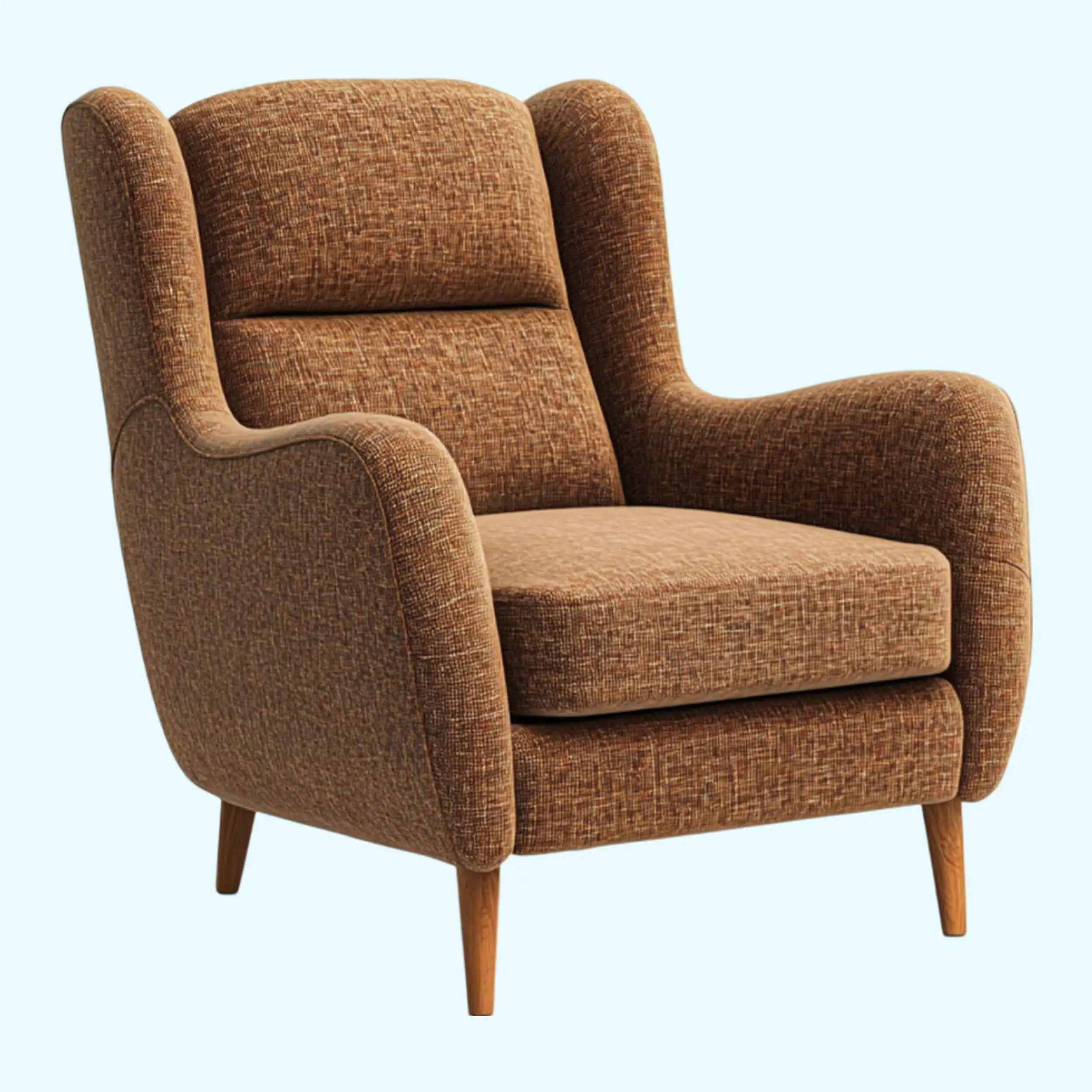 A stylish brown wingback chair with a cozy upholstered seat