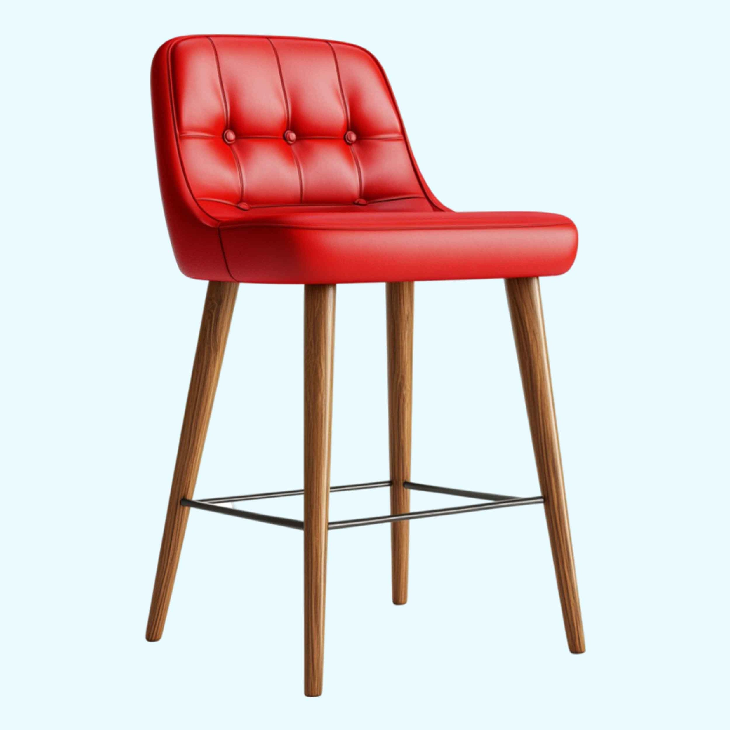 Stylish red leather bar stool with wooden legs