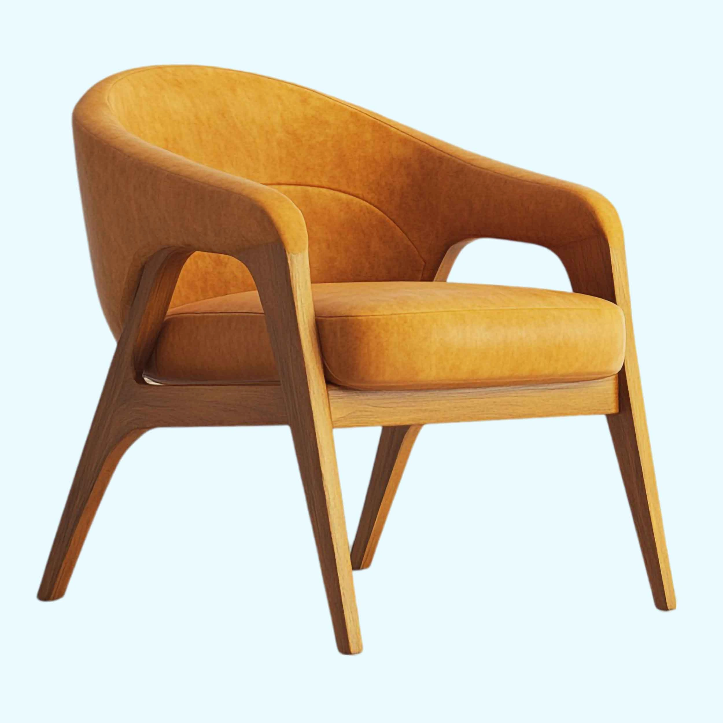 A wooden-framed chair featuring a vibrant yellow upholstered seat, ideal for showcasing AR/VR 3D modeling services