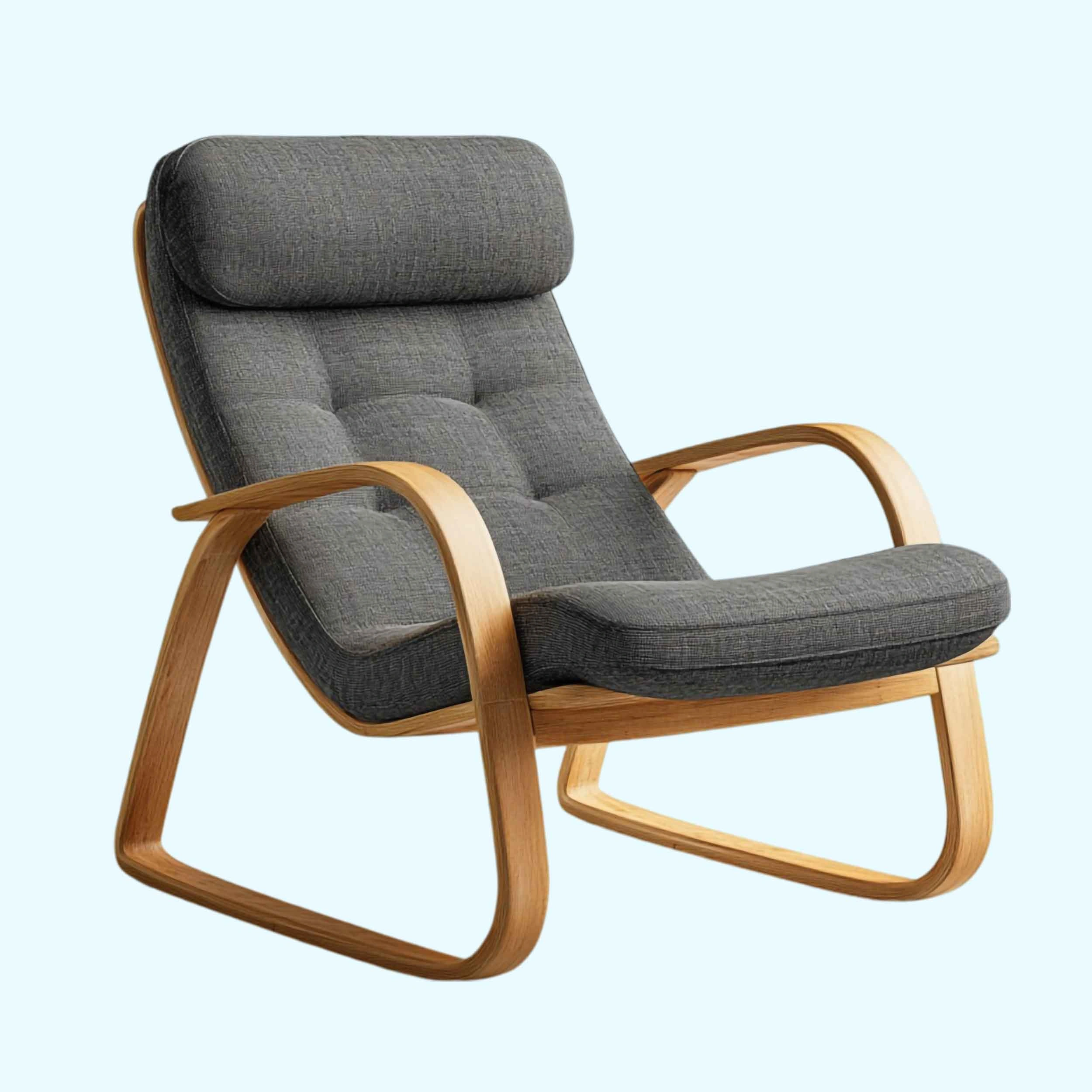 Gray lounge chair with wooden legs and a black cushion, perfect for showcasing AR/VR 3D Modeling Services