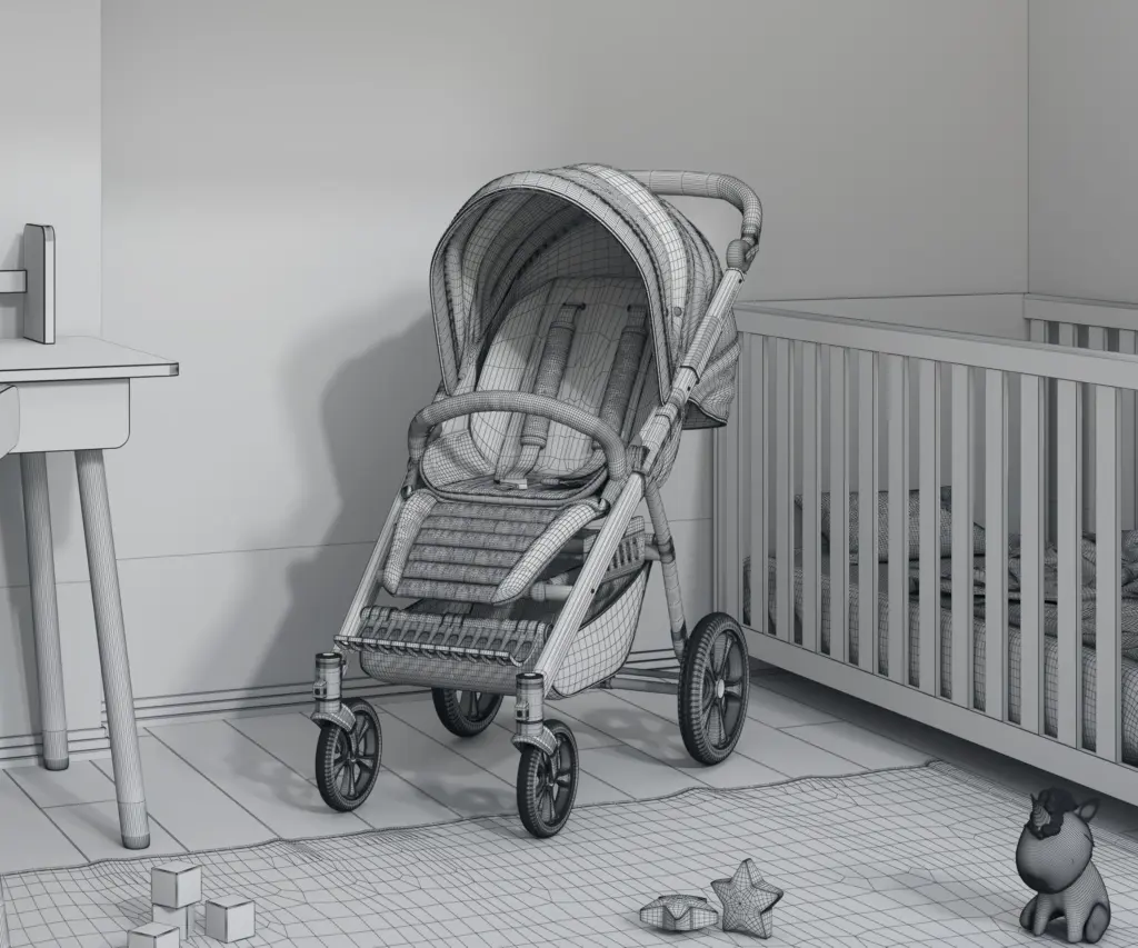 01_Modern_Baby stroller_Cozy_Angle_WireFrame